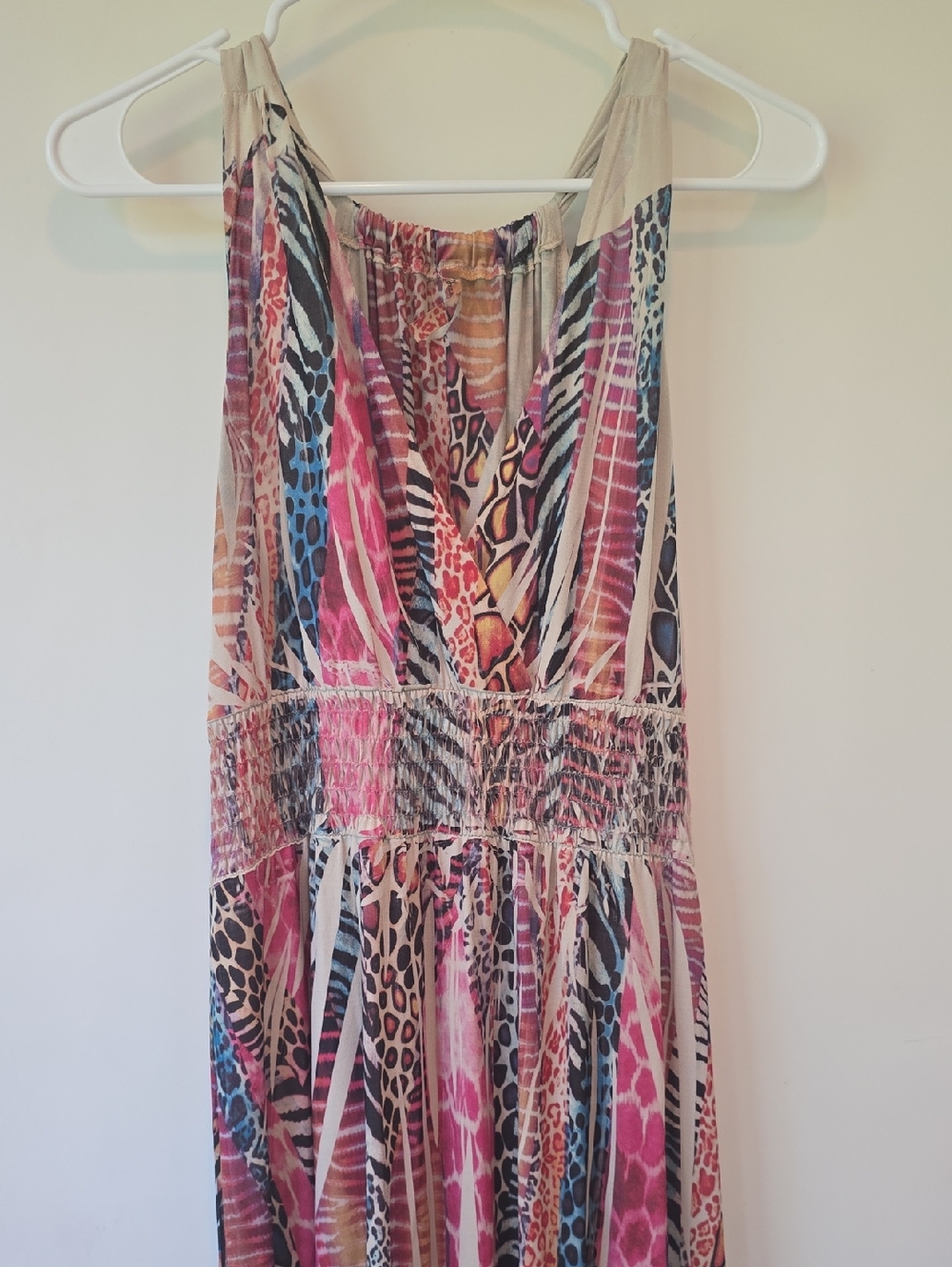 Multicolor Pink Blue Tan Animal-Print Maxi Dress